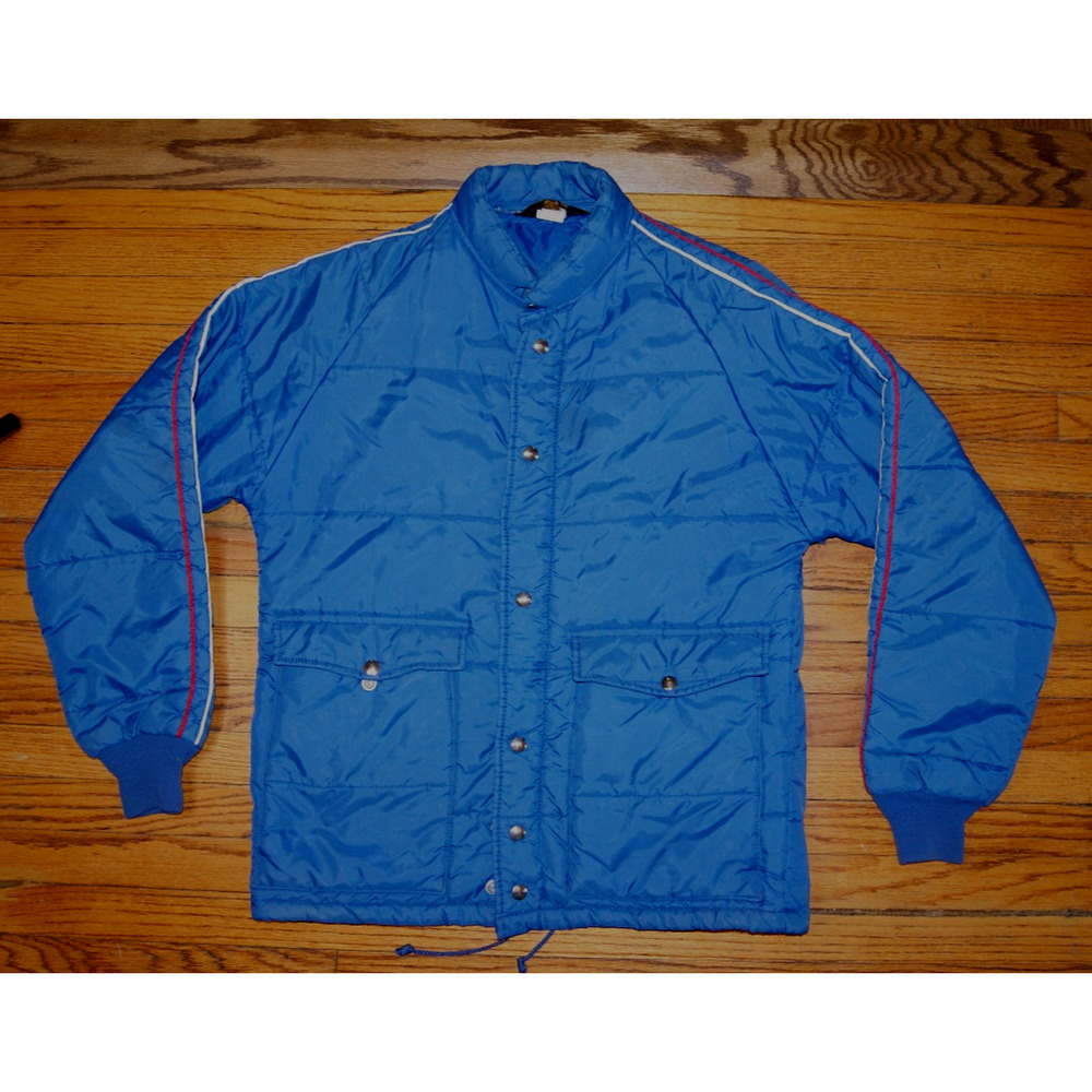 Vintage 80s SWINGSTER Blue with Red White Arm Stripes Puffer Jacket M USA Made